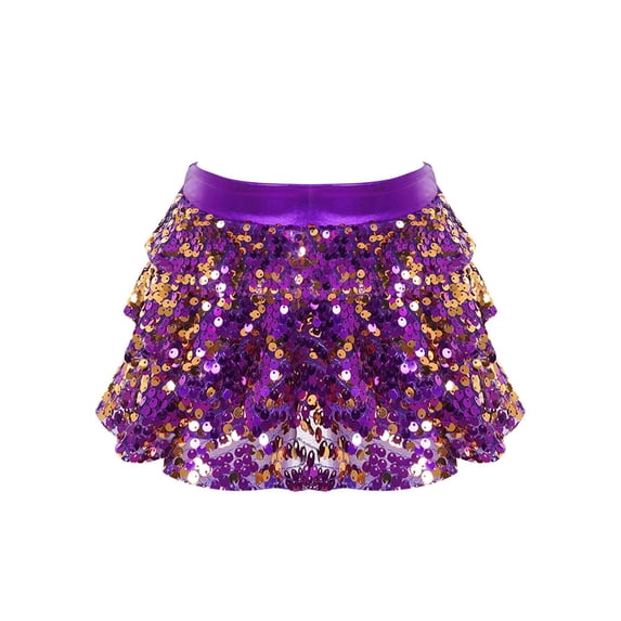 Doomiva Kids Girls Sparkly Sequins Tiered Ruffle Skirted Shorts Latin Jazz Salsa Rumba Dance Costume Purple 12