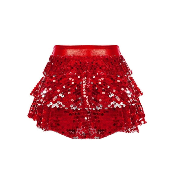 Doomiva Kids Girls Sparkly Sequins Tiered Ruffle Skirted Shorts Latin Jazz Salsa Rumba Dance Costume Red 10