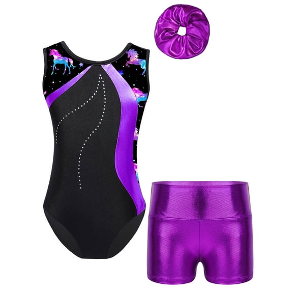 Doomiva Kids Girls Stylish Print Dance Unitards Sleeveless Color Block Bodysuit with Metallic Shorts Purple 14