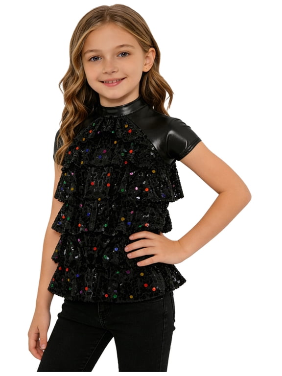 Kids Girls Tank Vest Crop Tops Glitter Cami Dance Shirt Camisole Jazz Hip Hop Stage Performance Wear Black 10