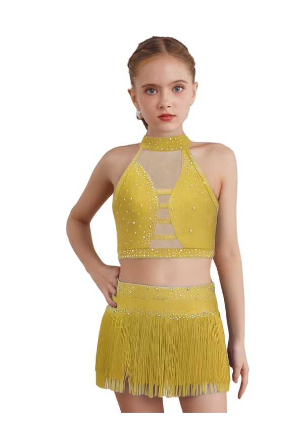 Kids Girls Tassel Dance Outfits Jazz Latin Performance Set Crop Top with Skirt Set Gymnastics Bodysuit Yellow 8