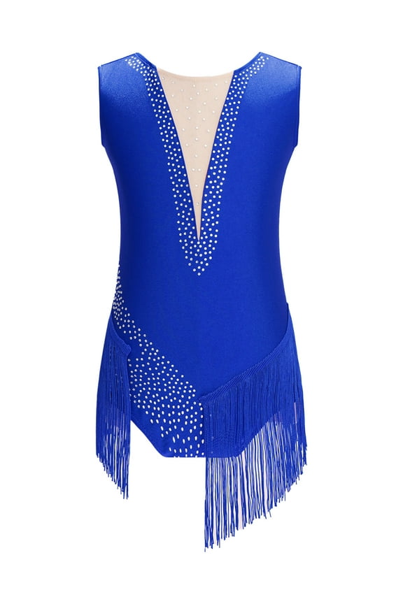 Kids Girls Tassel Latin Dance Dress Gymnastic Leotard Skating Modern Jazz Ballroom Costume Blue 6