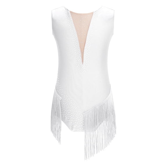 Doomiva Kids Girls Tassel Latin Dance Dress Gymnastic Leotard Skating Modern Jazz Ballroom Costume White 16