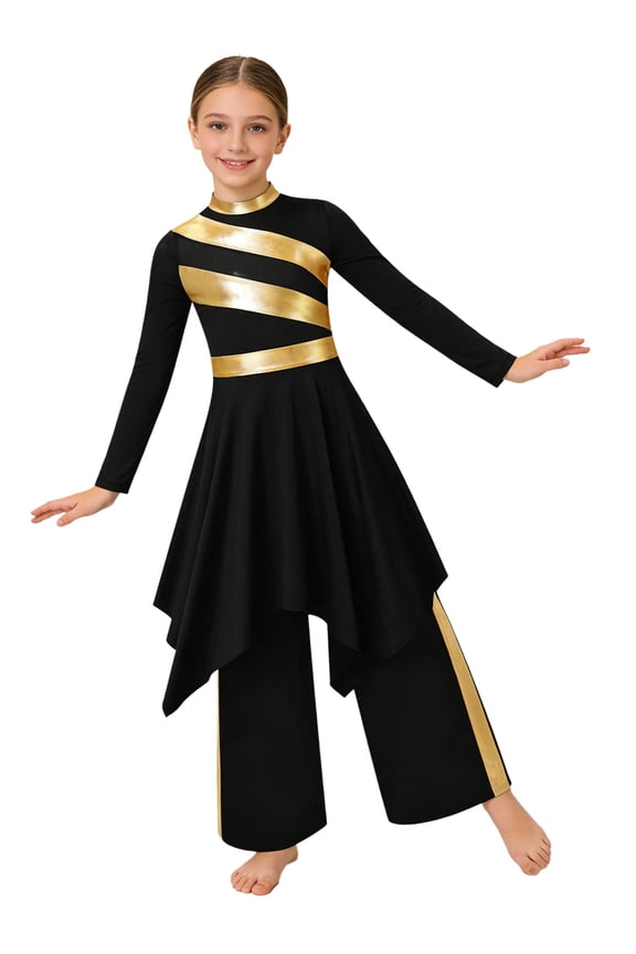 Kids Girls Worship Praise Dance Dress Metallic Long Sleeve Outfit with Palazzo Pants Liturgical Church Robe Black 8