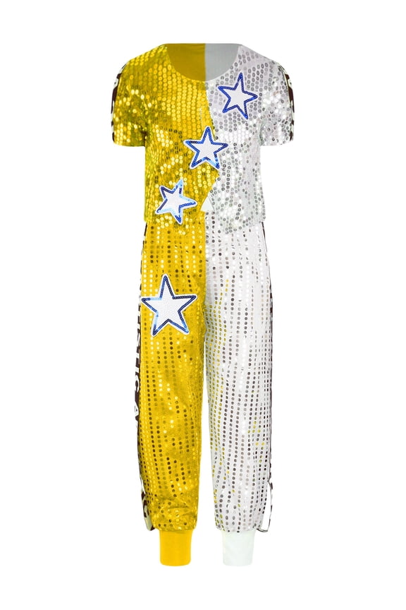 Kids Hip Hop Dance Outfits for Girls Boys Modern Dance Performance Sequins Top with Pants Yellow 130/S