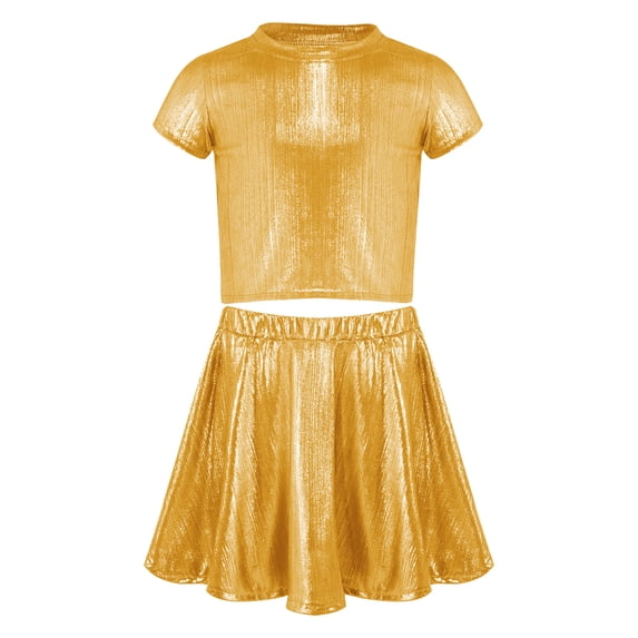 Doomiva Kids Hip Hop Dance Set Shiny Jazz Disco Outfits Cheer Outfit for Cheerleading Competitions Hip-hop Gold 10-14