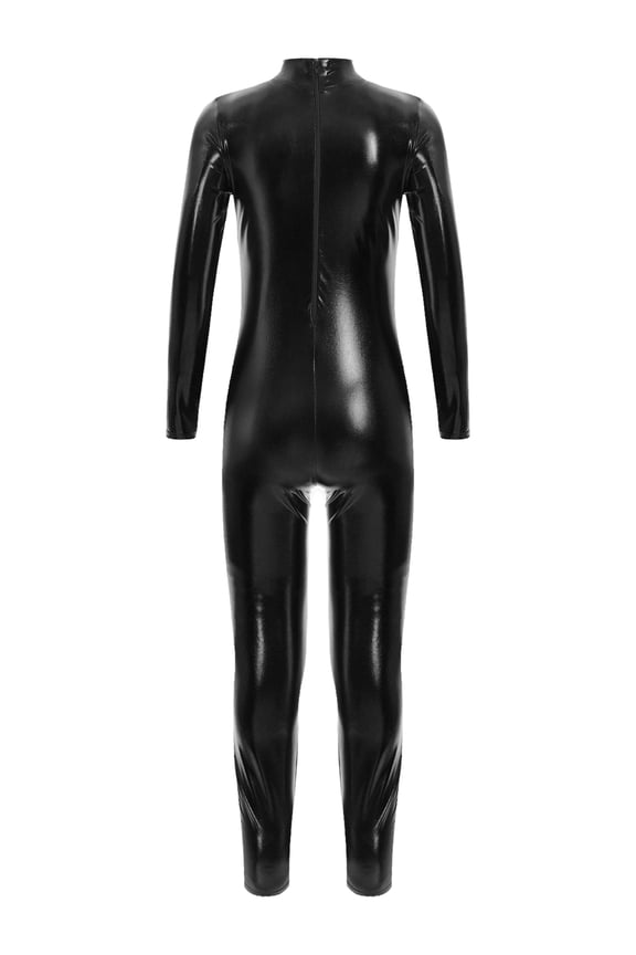 Kids Long Sleeve Shiny Metallic Jumpsuit Boys Girls Dance Gymnastics Leotard Bodysuits Black S/120