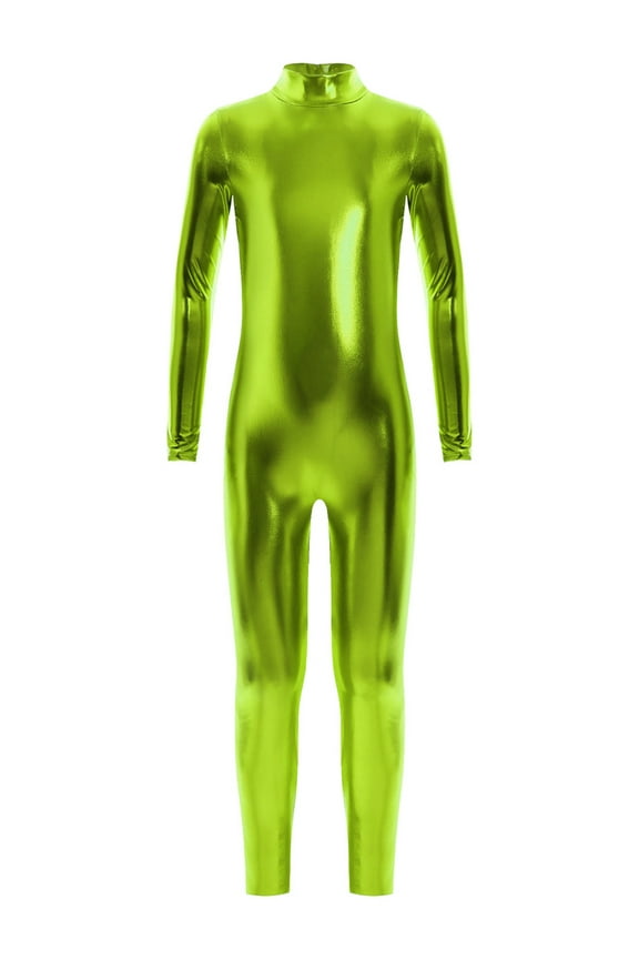Kids Long Sleeve Shiny Metallic Jumpsuit Boys Girls Dance Gymnastics Leotard Bodysuits Green M/130