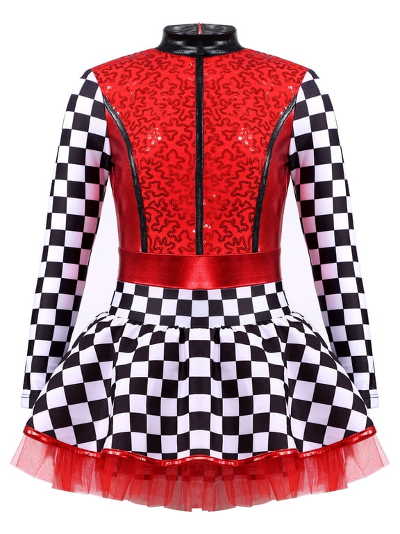Kids Racer Girls Dress-up Long Sleeve Sequins Tutu Dance Dress Speed Driver Uniform Red 6