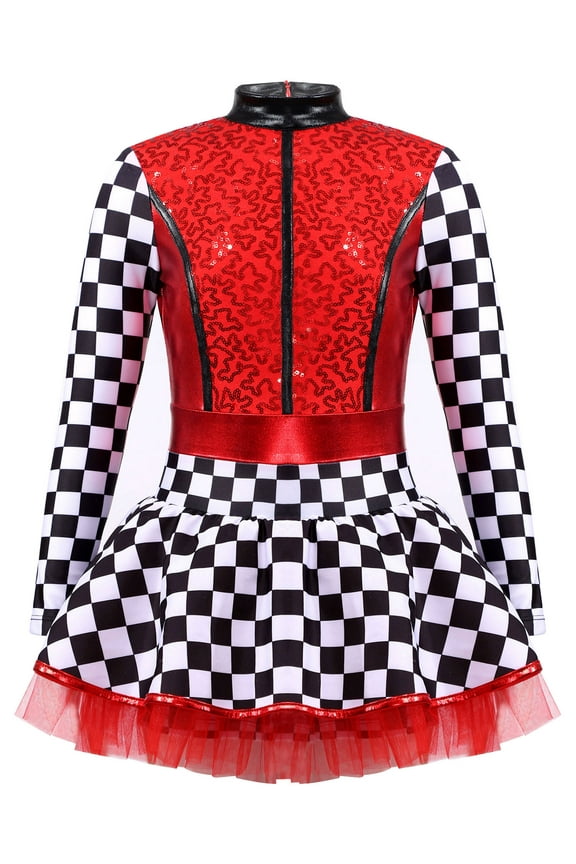 Kids Racer Girls Dress-up Long Sleeve Sequins Tutu Dance Dress Speed Driver Uniform Red 6