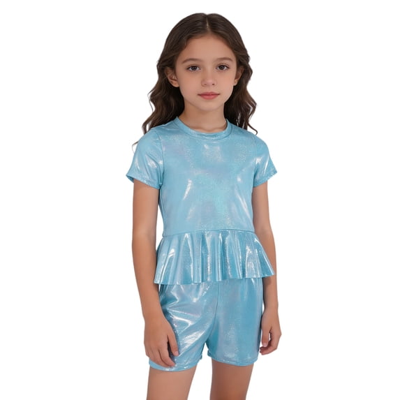 Doomiva Kids Shiny Jazz Disco Outfit Hip Hop Dance Peplum Top with Shorts Set for Hip-hop Cheerleading Light Blue 13-14