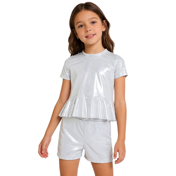 Doomiva Kids Shiny Jazz Disco Outfit Hip Hop Dance Peplum Top with Shorts Set for Hip-hop Cheerleading White 7-8