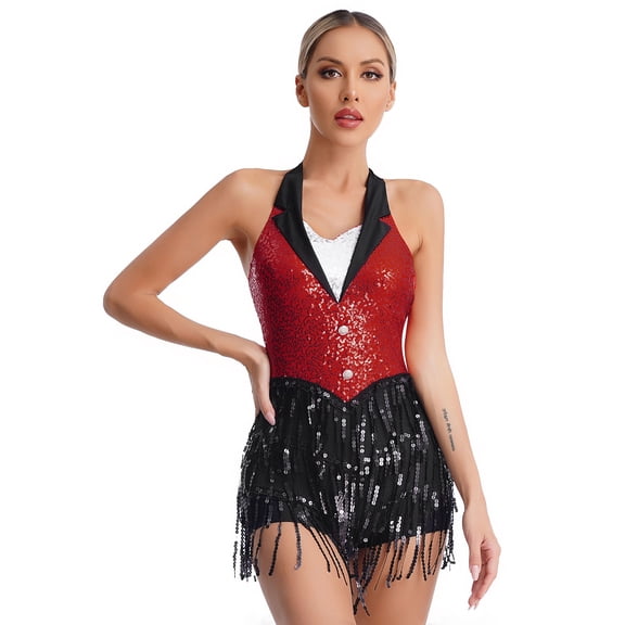 Doomiva Latin Dance Dress For Women Sparkly Tassel Leotard Bodysuit Jazz Salsa Tango Dancewear Red XXL