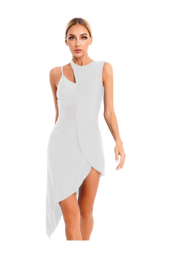 Latin Dance Dress for Women Asymmetrical Rumba Samba Tango Practice Competition Costume White XXL