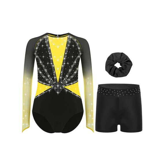 Doomiva Leotard for Girls Gymnastics Outfit 3 Piece Dance Unitards Tumbling Biketards Ballet Unitard Athletic Bodysuit Yellow 12