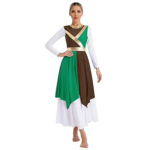 Doomiva Liturgical Dance Dresses for Women Color Block Praise Dance Dress Asymmetrical Worship Tunic Brown&Green S