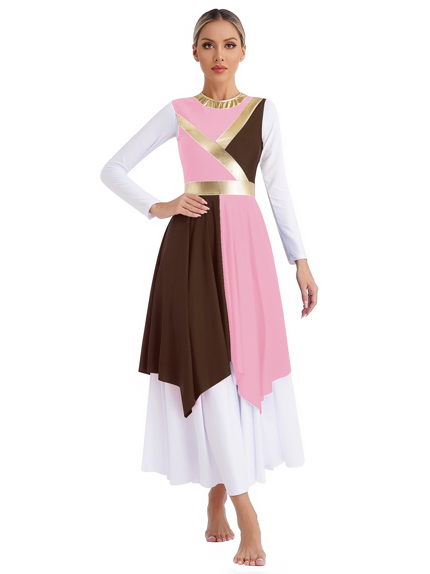 Renvena Girls Metallic Liturgical Praise Dance Color Block Long Sleeve Asymmetrical Worship Dress Size 4 16 Red 8