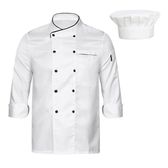 Doomiva Long Sleeve Chef Coat Jacket with Hat Lightweight Button Restaurant Kitchen Chef Uniform 02#White XXL