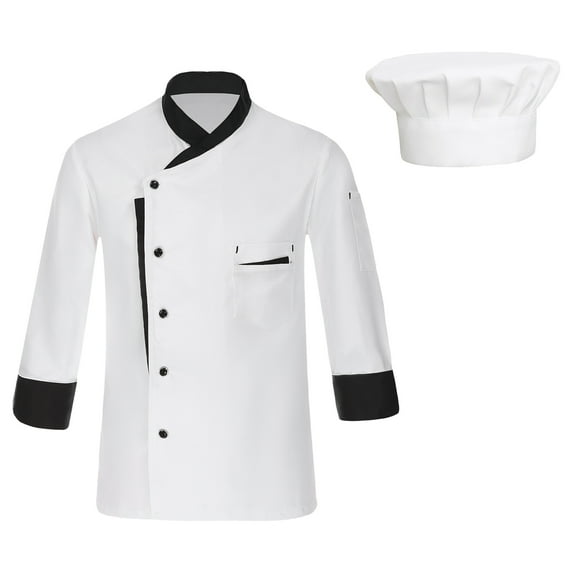 Doomiva Long Sleeve Chef Coat Jacket with Hat Lightweight Button Restaurant Kitchen Chef Uniform White XL