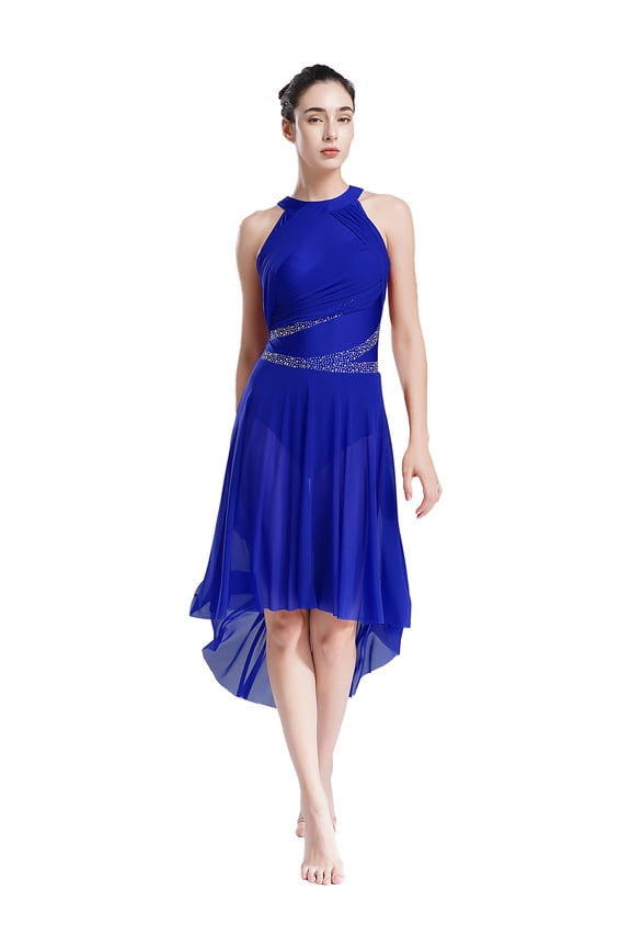 Lyrical Dance Costumes for Women Shiny Rhinestones Contemporary Dance Dress Chiffon Flowy Blue XL