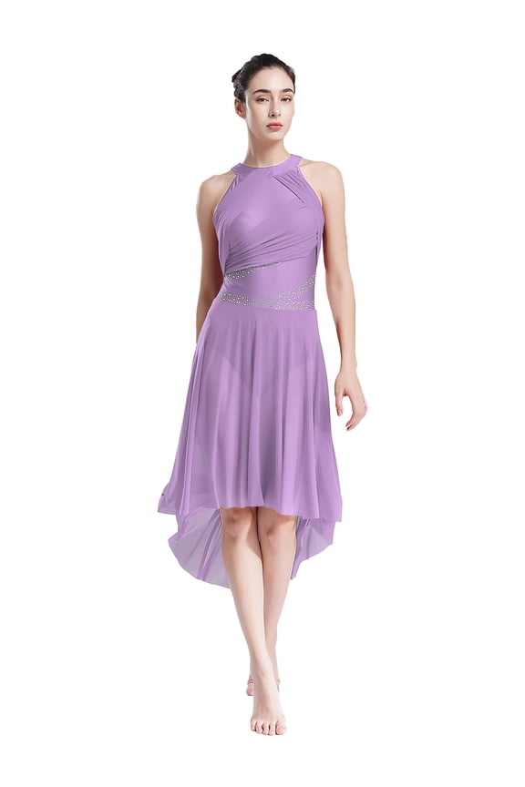 Lyrical Dance Costumes for Women Shiny Rhinestones Contemporary Dance Dress Chiffon Flowy Light Purple S