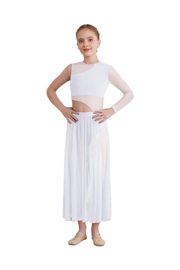 Lyrical Dance Dress For Girls Asymmetrical Mesh Ballet Dance Dress Side Split Modern Contemporary Dancewear White 6