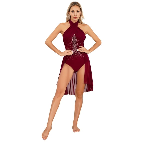 Doomiva Lyrical Dance Dress for Women HalterNeck Flowy Mesh Leotard Skirt Contemporary Dance Dancewe Burgundy XL