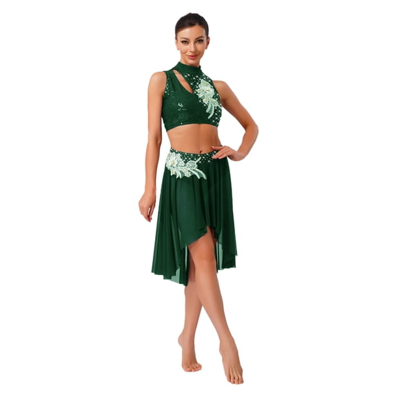 Doomiva Lyrical Dance Dress for Women Sequin Crop Top Mesh Tulle Leotard Skirt Dark Green S