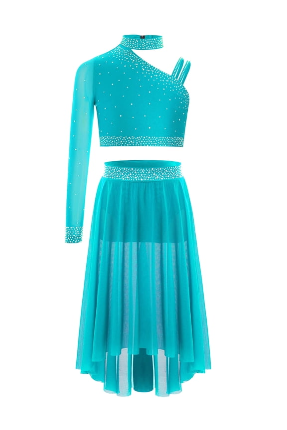 Lyrical Dance Outfits for Girls Crop Top with Irregular Mesh Skirt 2PCS Latin Jazz Dancewear Gymnastic Suit Blue Green 6