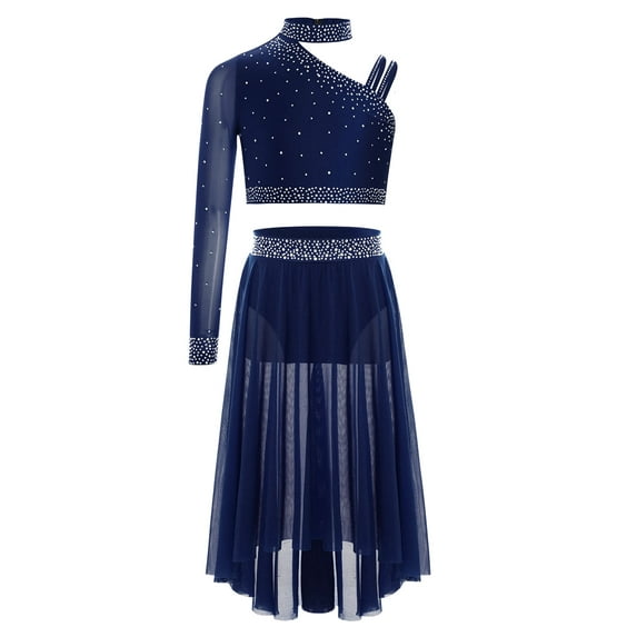 Doomiva Lyrical Dance Outfits for Girls Crop Top with Irregular Mesh Skirt 2PCS Latin Jazz Dancewear Gymnastic Suit Navy Blue 8