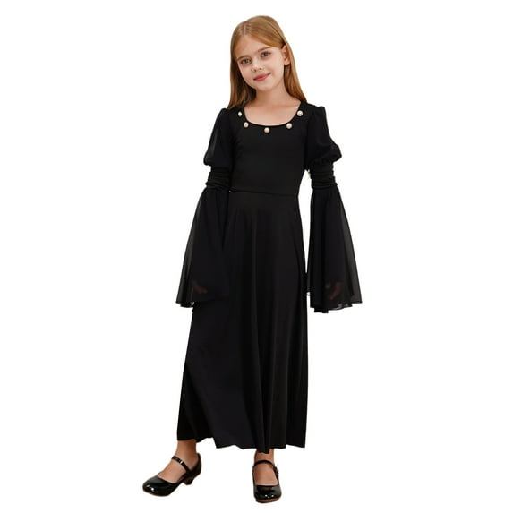 Doomiva Medieval Princess Dress for Girls Bell Sleeve Maxi Dancewear Victorian Queen Gown Black 14