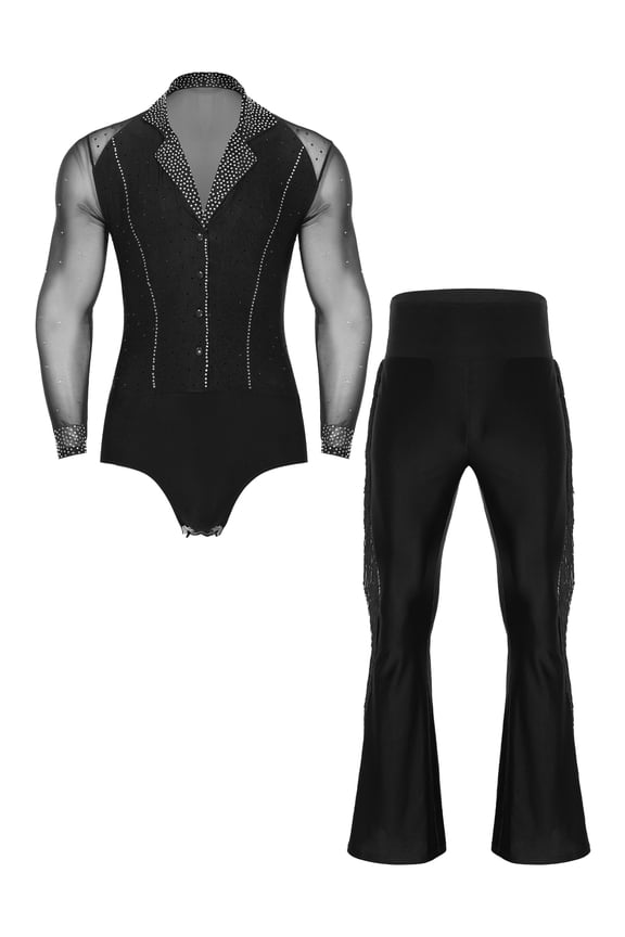 Men Ballroom Dance Latin Salsa Tango Jazz Dance Outfit Long Sleeve Leotard Bodysuit with Fringe Flared Pants Black XL