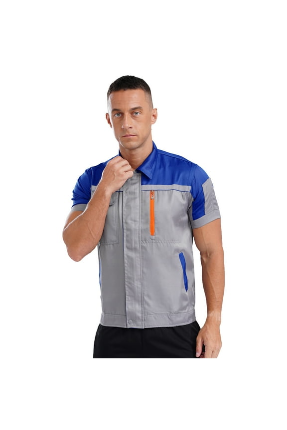 Men Mechanic Uniform Shirt Contrast Color Short Sleeve Work Shirt Industrial T-shirts Blue&Gray 175/XL