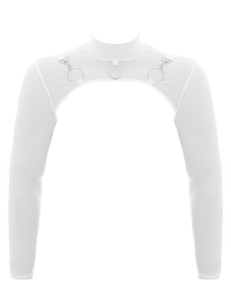 Doomiva Men See-Through Mesh Half Crop Top Long Sleeve O