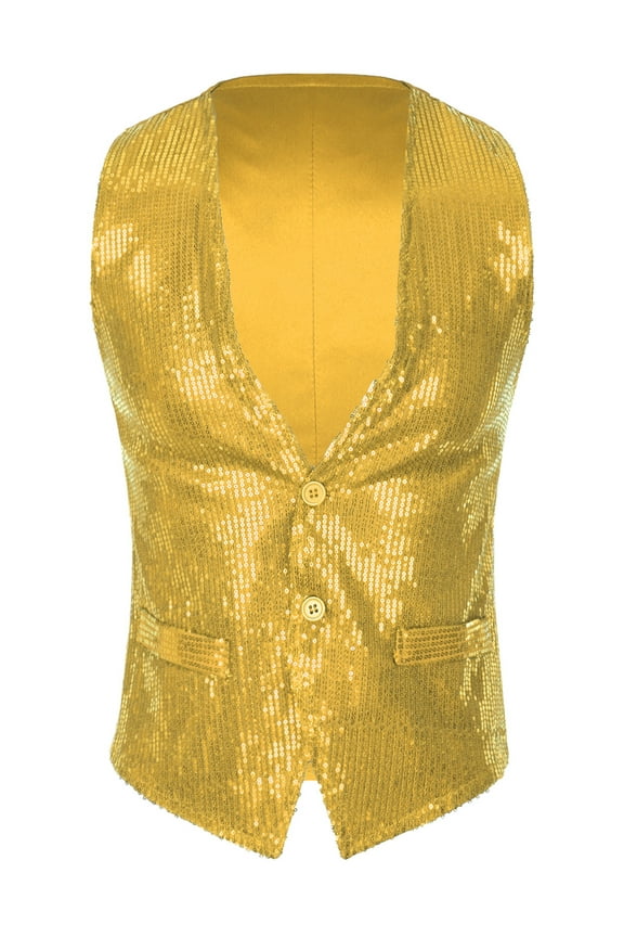 Men Sequin Shiny Blazer Vest Sleeveless Waistcoat V-Neck Stage Performance Gold 3XL