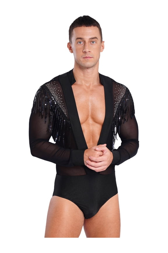 Men Sparkly Rhinestones Dance Shirt Deep V Neck Latin Dance T-Shirt Ballroom Leotard Black M