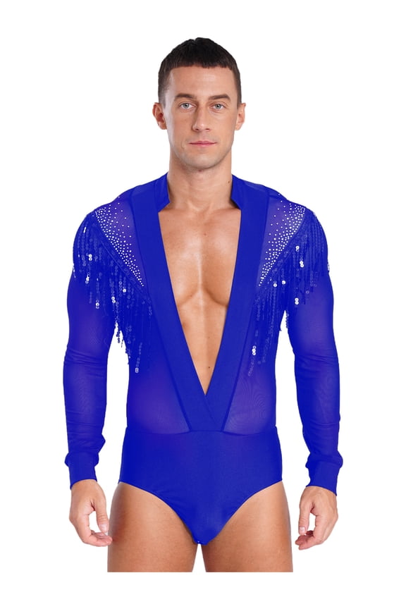 Men Sparkly Rhinestones Dance Shirt Deep V Neck Latin Dance T-Shirt Ballroom Leotard Blue M