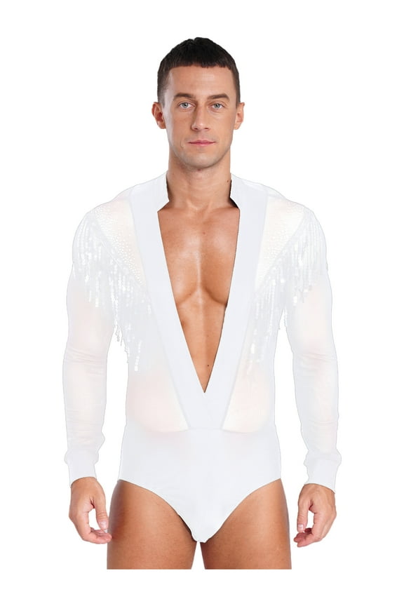 Men Sparkly Rhinestones Dance Shirt Deep V Neck Latin Dance T-Shirt Ballroom Leotard White L