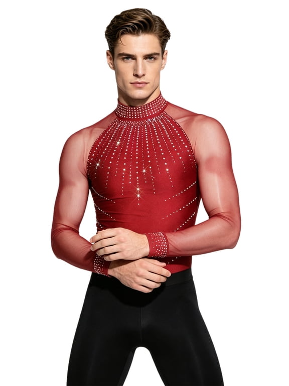 Men Sparkly Rhinestones Long Sleeve Mesh Leotard Bodysuit Red S