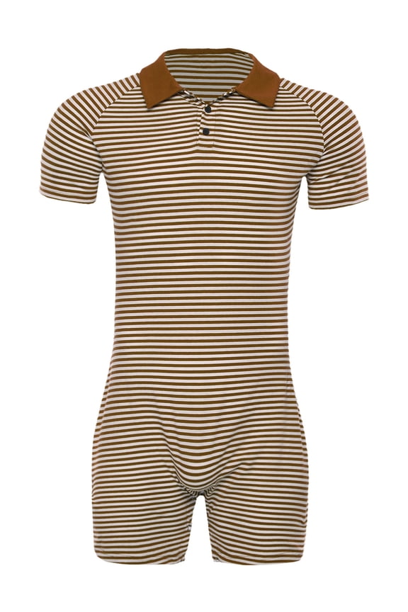 Men Striped Pajamas Bodysuit Turn-down Collar Buttoned Crotch Jumpsuits Short Sleeve Homewear Brown M