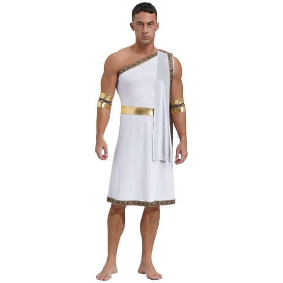 Doomiva Men's Ancient Greek God Toga with Sleeves One Shoulder Halloween Costume Tunic Role Play White S