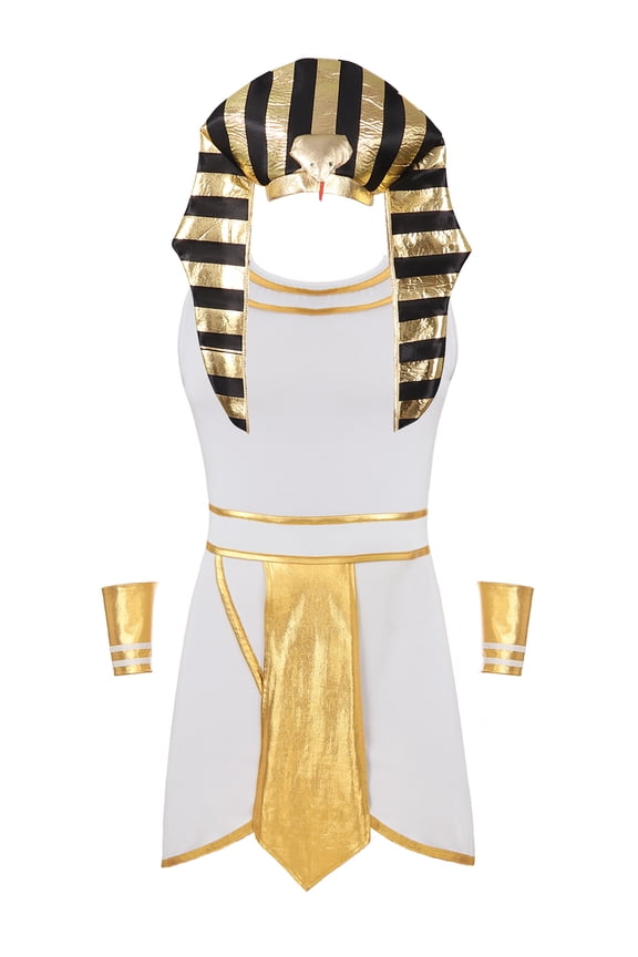 Men's Ancient Robe Pharaoh Costume Egyptian King Halloween Dress up Snake Head Cuffs Uniform White L