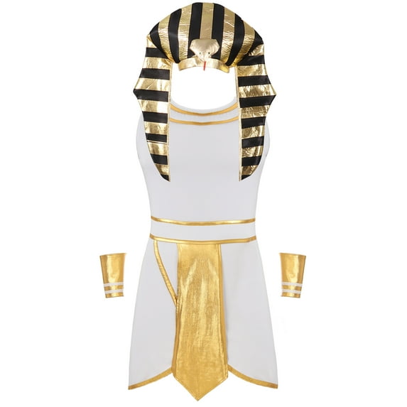 Doomiva Men's Ancient Robe Pharaoh Costume Egyptian King Halloween Dress up Snake Head Cuffs Uniform White M