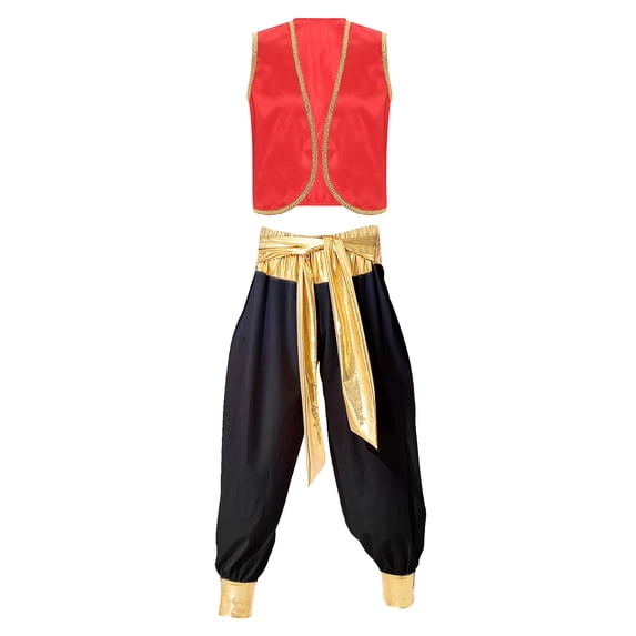 Doomiva Men's Arabian Prince Costume Street Rat Suits Open Front Waistcoat with Belted Pants Burgundy&Black XL