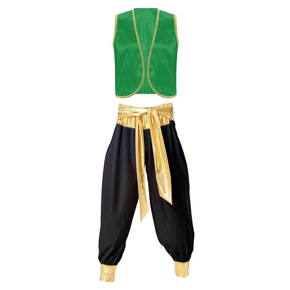 Doomiva Men's Arabian Prince Costume Street Rat Suits Open Front Waistcoat with Belted Pants Green&Black L
