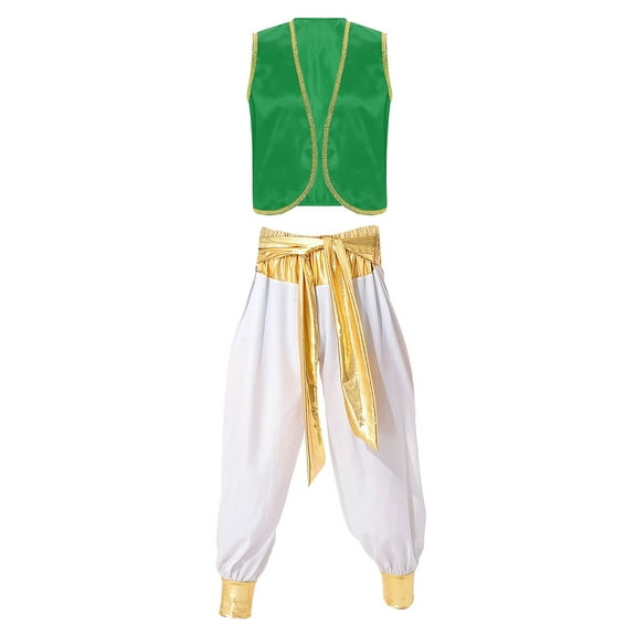 Doomiva Men's Arabian Prince Costume Street Rat Suits Open Front Waistcoat with Belted Pants Green&White M