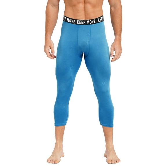 Doomiva Men's Athletic 3/4 Compression Pants Tights Base Layer Cool Dry Gym Running Leggings Blue S