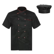 Doomiva Men's Chef Coat with Hat Set Short Sleeve Chef Shirt Hotel Kitchen Restaurant Work Uniform 02#Black M