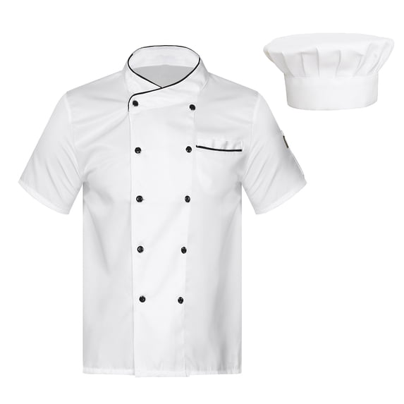 Doomiva Men's Chef Coat with Hat Set Short Sleeve Chef Shirt Hotel Kitchen Restaurant Work Uniform 02#White XXL
