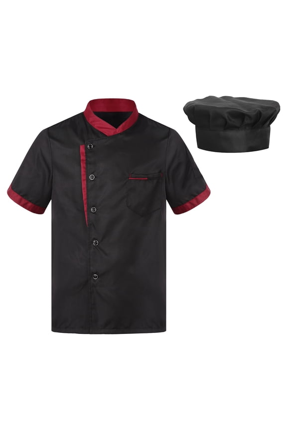 Men's Chef Coat with Hat Set Short Sleeve Chef Shirt Hotel Kitchen Restaurant Work Uniform Black L